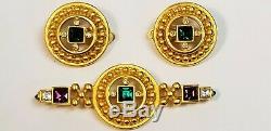 Vintage Signed GIVENCHY Byzantine Multi Rhinestone Crystal Cab Earrings & Brooch