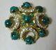 Vintage Signed Grosse 1968 For Dior Green Cabachon And Rhinestone Brooch