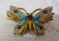 Vintage Signed JOMAZ Turquoise Cabochon Rhinestone Butterfly Figural Pin Brooch