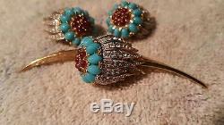 Vintage Signed JOMAZ Turquoise Rhinestone goldtone Floral Brooch and earrings