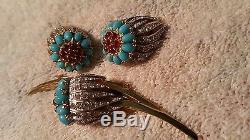 Vintage Signed JOMAZ Turquoise Rhinestone goldtone Floral Brooch and earrings