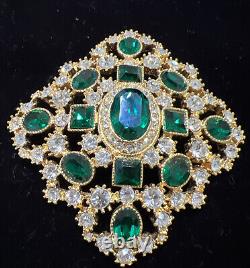 Vintage Signed Joan Rivers Emerald Green Clear Rhinestone Cross Brooch Pin New