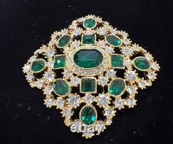 Vintage Signed Joan Rivers Emerald Green Clear Rhinestone Cross Brooch Pin New