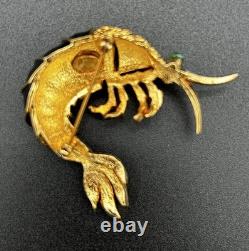Vintage Signed KENNETH LANE Shrimp Brooch 2.5 Emerald Eye Couture Statement Pin