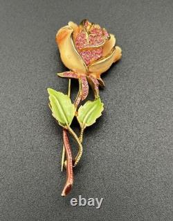 Vintage Signed KRAMER OF NEW YORK Pink Rhinestone Rose Brooch 3.5 MCM Pin
