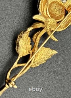 Vintage Signed KRAMER OF NEW YORK Pink Rhinestone Rose Brooch 3.5 MCM Pin