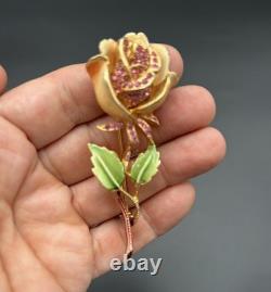 Vintage Signed KRAMER OF NEW YORK Pink Rhinestone Rose Brooch 3.5 MCM Pin
