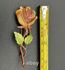 Vintage Signed KRAMER OF NEW YORK Pink Rhinestone Rose Brooch 3.5 MCM Pin