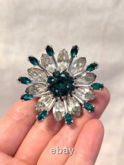 Vintage Signed KRAMER of New York Brooch Green and Clear Rhinestone