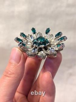 Vintage Signed KRAMER of New York Brooch Green and Clear Rhinestone