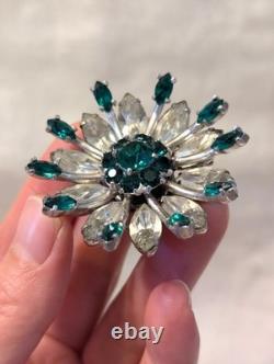Vintage Signed KRAMER of New York Brooch Green and Clear Rhinestone