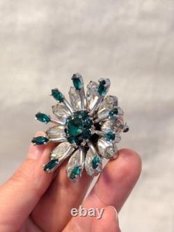 Vintage Signed KRAMER of New York Brooch Green and Clear Rhinestone