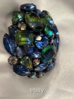 Vintage Signed Kramer Blue Green Rhinestone Dome Cluster Brooch Aurora Borealis
