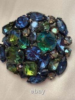 Vintage Signed Kramer Blue Green Rhinestone Dome Cluster Brooch Aurora Borealis