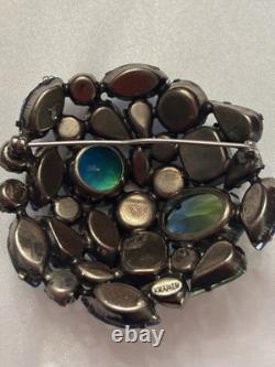 Vintage Signed Kramer Blue Green Rhinestone Dome Cluster Brooch Aurora Borealis