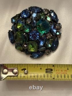 Vintage Signed Kramer Blue Green Rhinestone Dome Cluster Brooch Aurora Borealis