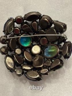 Vintage Signed Kramer Blue Green Rhinestone Dome Cluster Brooch Aurora Borealis