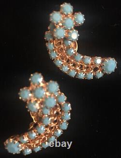 Vintage Signed Kramer Turquoise Blue Rhinestone Heart Brooch Earrings MINT