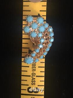 Vintage Signed Kramer Turquoise Blue Rhinestone Heart Brooch Earrings MINT