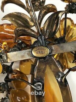 Vintage Signed LAWRENCE VRBA Molded Glass & Rhinestone Flower Vase Brooch Pin