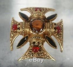 Vintage Signed Large Florenza Goldtone Cabachon Rhinestone Maltese Cross Brooch