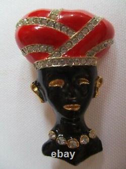 Vintage Signed Maresco African Red Turban Rhinestone Lady Blackamoor Pin/brooch