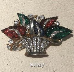 Vintage Signed Mazer Glass Fruit Salad Rhinestone Flower Basket Brooch Pin