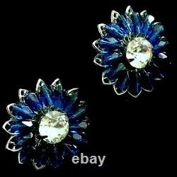 Vintage Signed Miriam Haskell Blue Sapphire Art Glass Brooch Pin Earrings Set