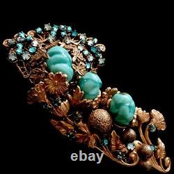Vintage Signed Miriam Haskell Green Turquoise Art Glass Brooch Pin Earrings Set