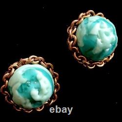 Vintage Signed Miriam Haskell Green Turquoise Art Glass Brooch Pin Earrings Set