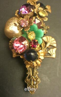 Vintage Signed Miriam Haskell Jeweled & Pearl Brooch / Pin 2.75 x 1.25