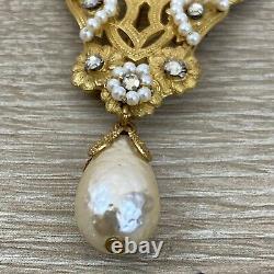 Vintage Signed Miriam Haskell Large Baroque Pearl Gold Gilt Brooch Pin