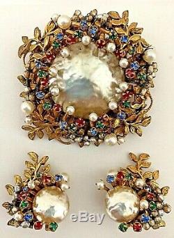 Vintage Signed Miriam Haskell Rhinestones Baroque Pearls Brooch Pin Earrings
