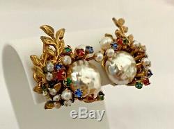 Vintage Signed Miriam Haskell Rhinestones Baroque Pearls Brooch Pin Earrings