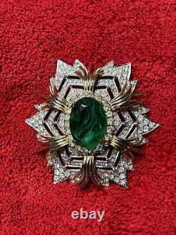 Vintage Signed POLCINI Emerald Green Flawed Glass Clear Rhinestone Gold Brooch