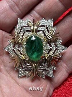 Vintage Signed POLCINI Emerald Green Flawed Glass Clear Rhinestone Gold Brooch