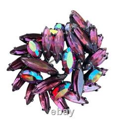 Vintage Signed REGENCY Purple Pink Navette Red AB Rhinestones Brooch Japanned
