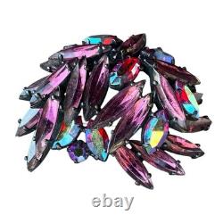 Vintage Signed REGENCY Purple Pink Navette Red AB Rhinestones Brooch Japanned