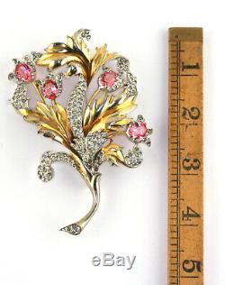 Vintage Signed REJA HUGE Gold Wash Pave Pink Art Rhinestone Floral Spray Brooch
