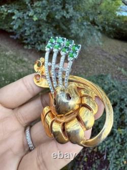 Vintage Signed Reinad Green Rhinestones Flower Brooch Large