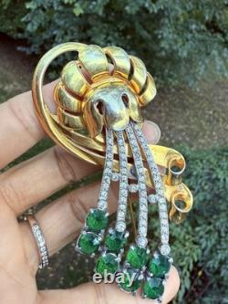 Vintage Signed Reinad Green Rhinestones Flower Brooch Large