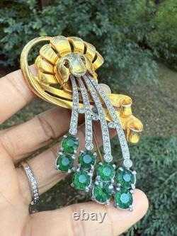 Vintage Signed Reinad Green Rhinestones Flower Brooch Large