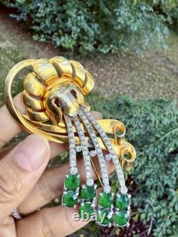 Vintage Signed Reinad Green Rhinestones Flower Brooch Large