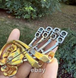 Vintage Signed Reinad Green Rhinestones Flower Brooch Large