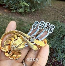 Vintage Signed Reinad Green Rhinestones Flower Brooch Large