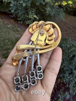 Vintage Signed Reinad Green Rhinestones Flower Brooch Large