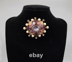 Vintage Signed SCHREINER New York Multi Tiered Rhinestone Pearl Brooch Pendant