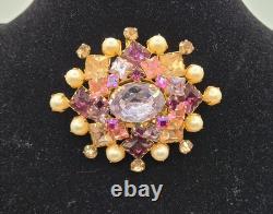 Vintage Signed SCHREINER New York Multi Tiered Rhinestone Pearl Brooch Pendant