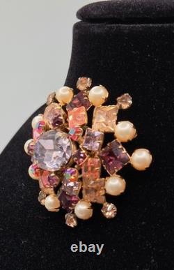 Vintage Signed SCHREINER New York Multi Tiered Rhinestone Pearl Brooch Pendant