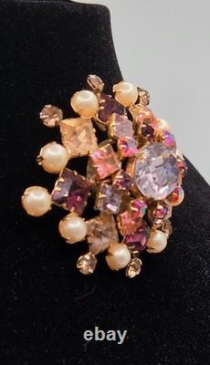 Vintage Signed SCHREINER New York Multi Tiered Rhinestone Pearl Brooch Pendant